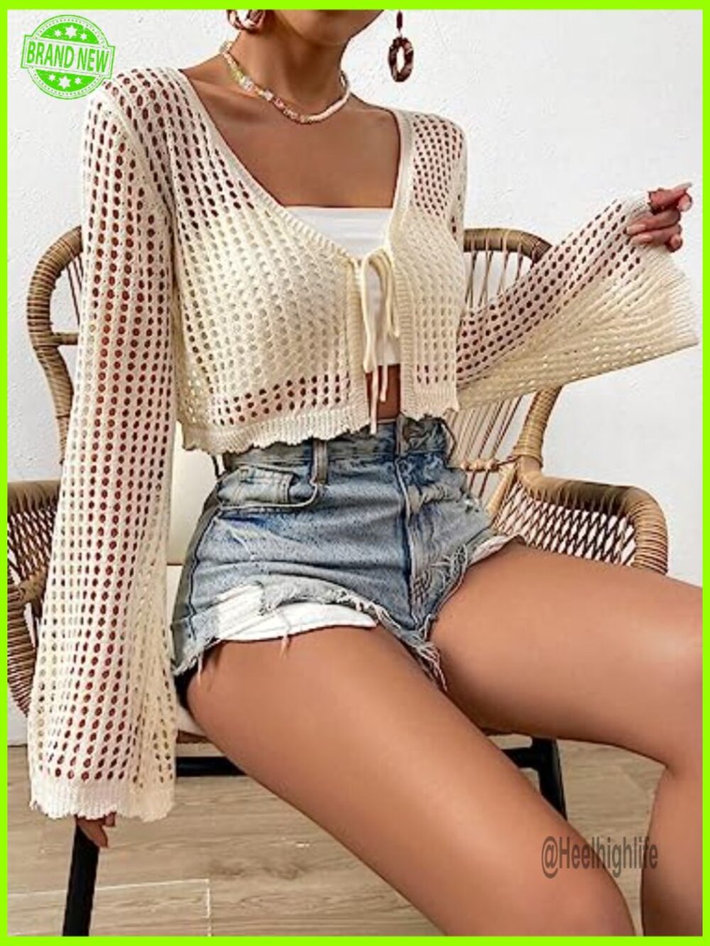 Crochet Tie Front Cardigan Boho Bell Long Sleeve Lightweight Cover Up - Picture 5 of 6